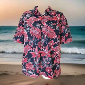 Island Shores Shirt XL Blue Red Hawaiian Short Sleeve Button Up Tropical Beach